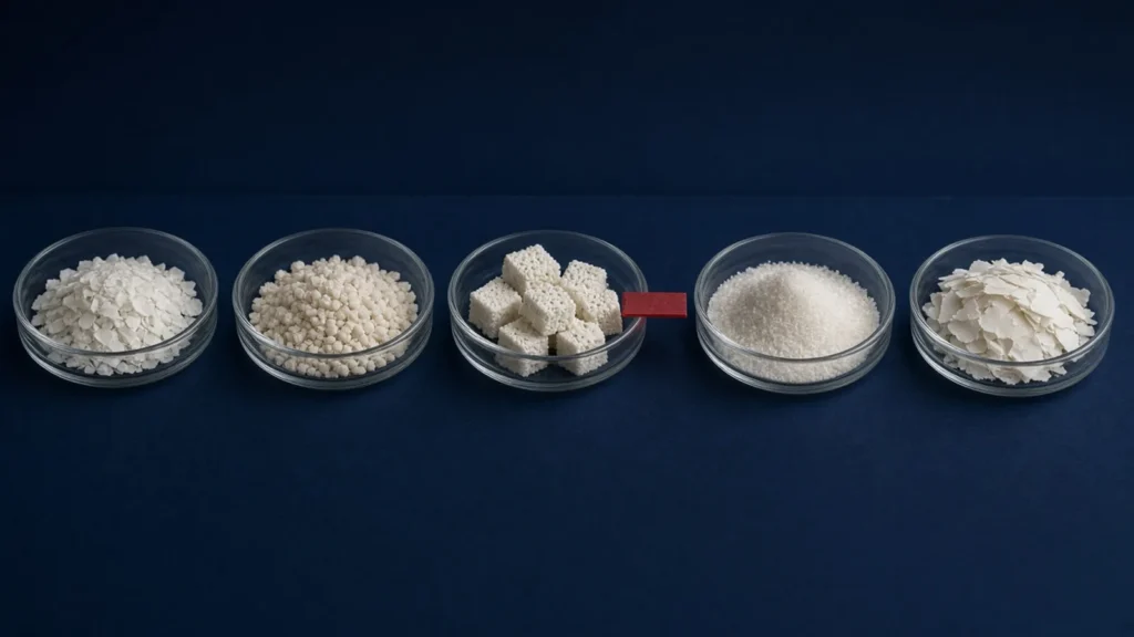 AI-generated image: five shallow glass dishes in a row on a navy surface, each holding a different white material (flakes, round granules, porous blocks, fine powder and thin shavings), with a small red marker beside the middle dish. Illustrative only; not real graft products.