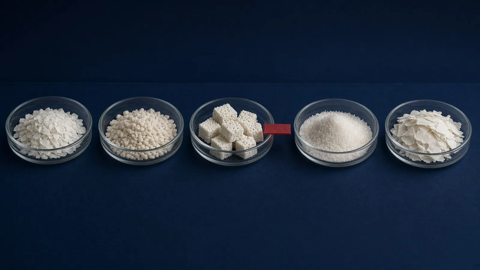 AI-generated image: five shallow glass dishes in a row on a navy surface, each holding a different white material (flakes, round granules, porous blocks, fine powder and thin shavings), with a small red marker beside the middle dish. Illustrative only; not real graft products.