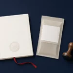 AI-generated image: a cream document folder with an embossed seal and a red ribbon bookmark, a sealed pouch with a blank white label, and a wooden rubber stamp on a navy surface. Illustrative only; no real registration document is shown.