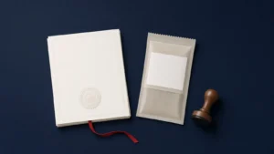 AI-generated image: a cream document folder with an embossed seal and a red ribbon bookmark, a sealed pouch with a blank white label, and a wooden rubber stamp on a navy surface. Illustrative only; no real registration document is shown.
