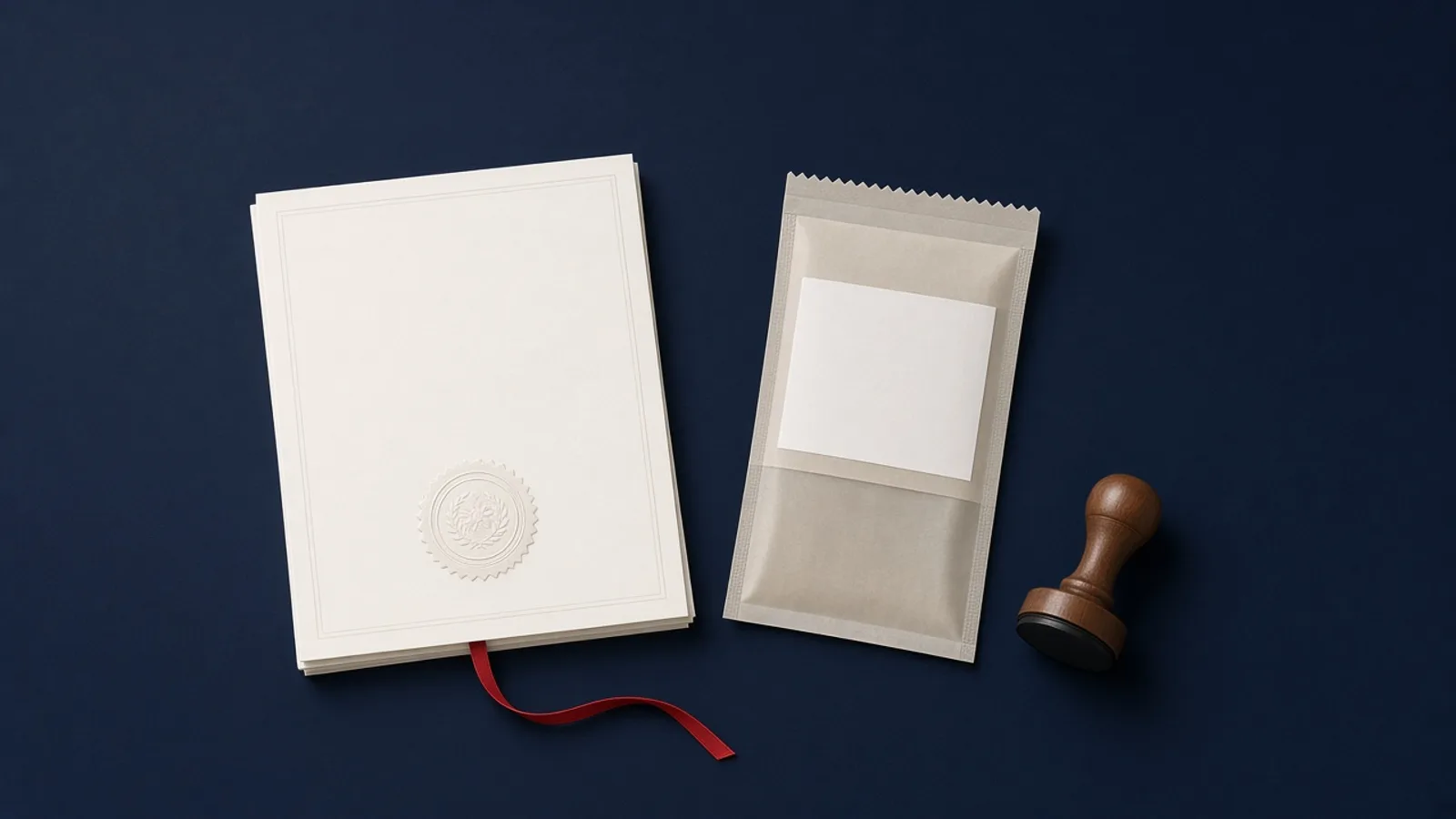 AI-generated image: a cream document folder with an embossed seal and a red ribbon bookmark, a sealed pouch with a blank white label, and a wooden rubber stamp on a navy surface. Illustrative only; no real registration document is shown.