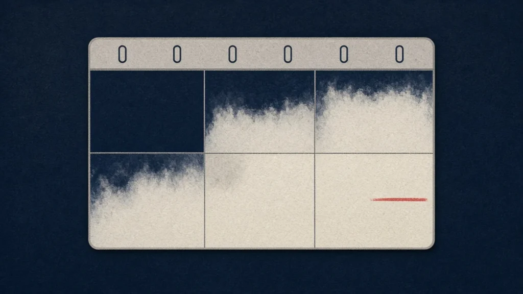 AI-generated illustration: a six-panel chart on a navy background whose panels fill from dark to pale, one step per panel, with a short red line in the last panel. Abstract; not clinical or radiographic data.