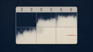 AI-generated illustration: a six-panel chart on a navy background whose panels fill from dark to pale, one step per panel, with a short red line in the last panel. Abstract; not clinical or radiographic data.