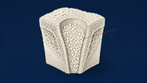 AI-generated illustration: a cut-away drawing of a block of porous bone with a tapered socket filled with small white granules, and a red pointer line touching the granules. Schematic; not an anatomical or clinical image.