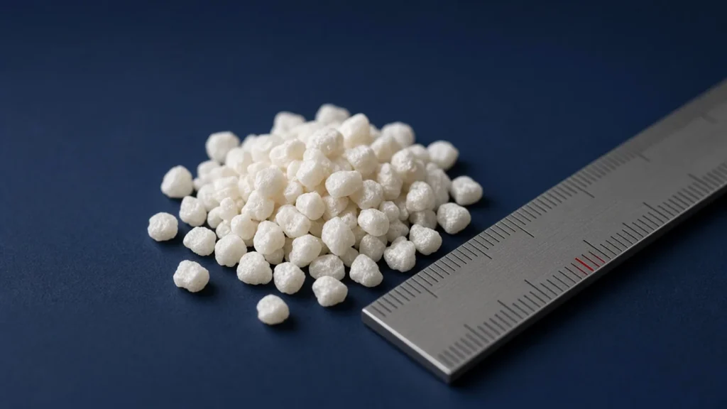 AI-generated image: a small pile of irregular white granules on a navy surface beside a steel ruler. Illustrative only; not a photograph of AmGraft® and not to scale.